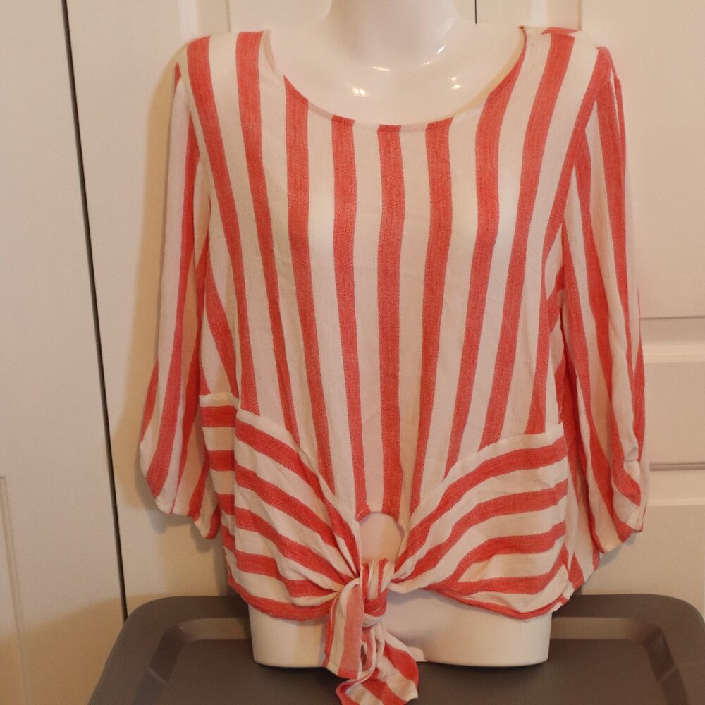 She + Sky Stripe Lightweight Rayon Tie Front Blouse 3/4 Sleeve